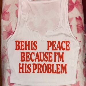 SHEIN White Crop Top with Bold Red Text